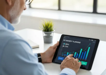 A man reviewing his retirement savings on a secure open finance investment pension dashboard via a digital tablet.