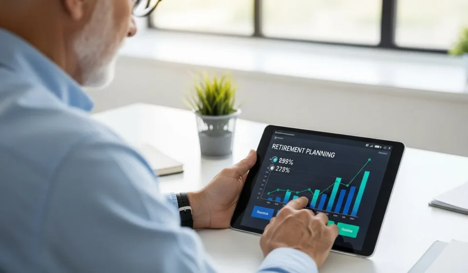 How Does an Open Finance Investment Pension Dashboard Change Retirement Planning? A man reviewing his retirement savings on a secure open finance investment pension dashboard via a digital tablet.