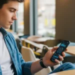 A young man using personalized AI financial advisors for Gen Z to manage his digital investment portfolio on a smartphone.