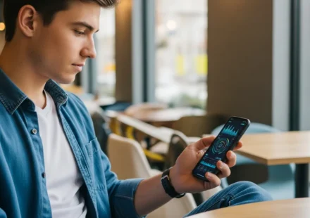 A young man using personalized AI financial advisors for Gen Z to manage his digital investment portfolio on a smartphone.