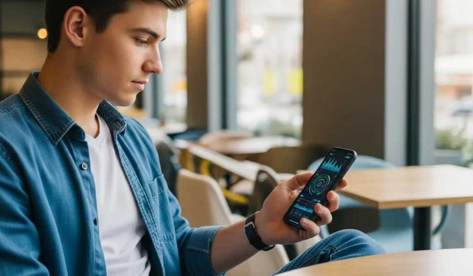 A young man using personalized AI financial advisors for Gen Z to manage his digital investment portfolio on a smartphone.