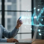 A man analyzing financial data using quantum computing portfolio optimization finance software in a modern office.