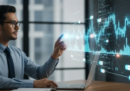 A man analyzing financial data using quantum computing portfolio optimization finance software in a modern office.