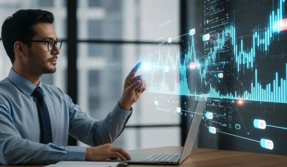 A man analyzing financial data using quantum computing portfolio optimization finance software in a modern office.