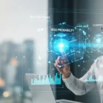 Professional visualizing quantum computing risk modeling in capital markets through complex holographic data charts.
