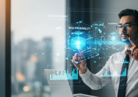 Professional visualizing quantum computing risk modeling in capital markets through complex holographic data charts.