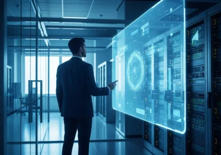 Security expert implementing quantum-resistant encryption financial services to protect a modern bank's digital network.
