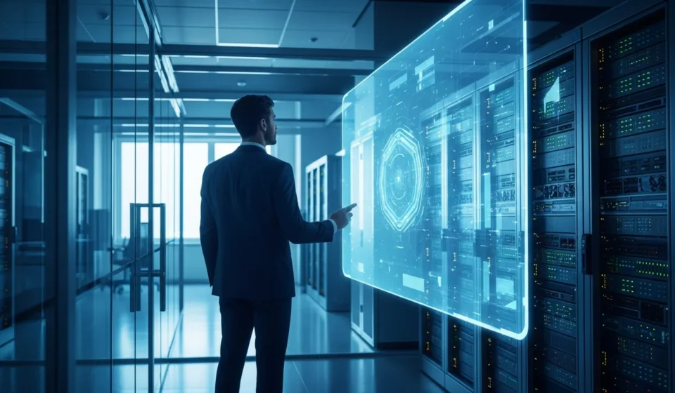 Security expert implementing quantum-resistant encryption financial services to protect a modern bank's digital network.