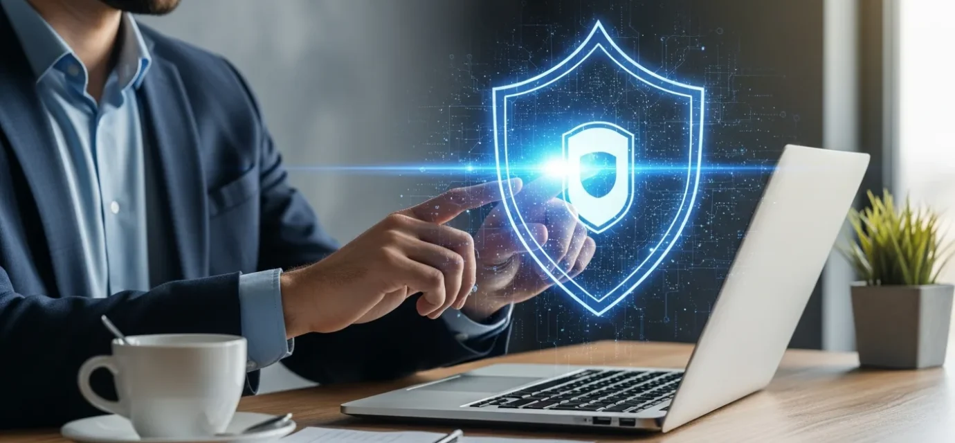 A man using a secure laptop for quantum-safe digital identity authentication against cyber threats.