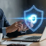 A man using a secure laptop for quantum-safe digital identity authentication against cyber threats.