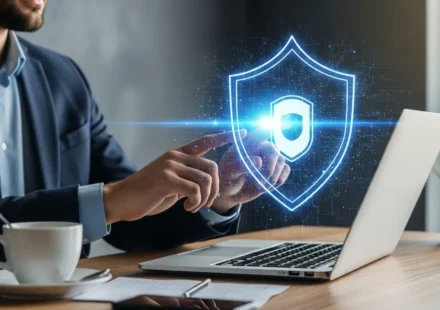 Is Your Identity Ready for the Quantum Threat? The Shift to Quantum-Safe Authentication A man using a secure laptop for quantum-safe digital identity authentication against cyber threats.