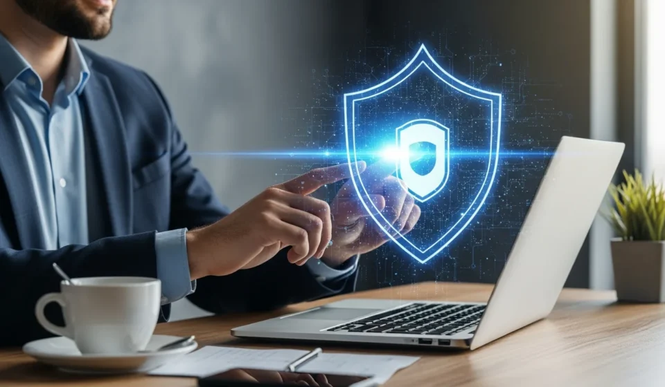 Is Your Identity Ready for the Quantum Threat? The Shift to Quantum-Safe Authentication A man using a secure laptop for quantum-safe digital identity authentication against cyber threats.