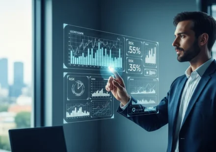 A professional monitoring real-time credit risk scoring alternative data on a sophisticated digital interface.