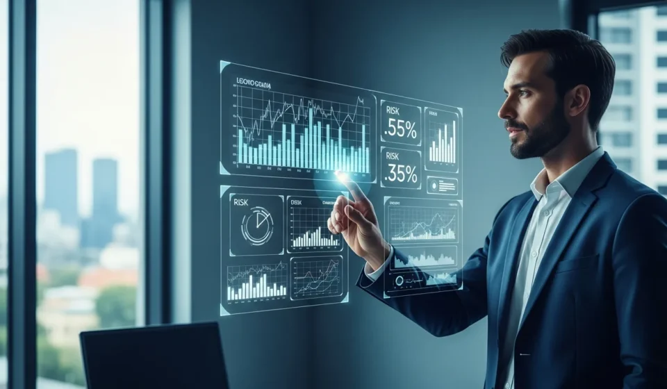 A professional monitoring real-time credit risk scoring alternative data on a sophisticated digital interface.