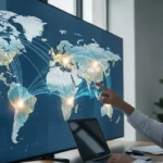 Visualizing real-time FX settlement using stablecoins through glowing digital currency tokens across a global map.