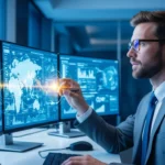 A banker implementing real-time payment network fraud prevention FedNow security measures in a modern control room.