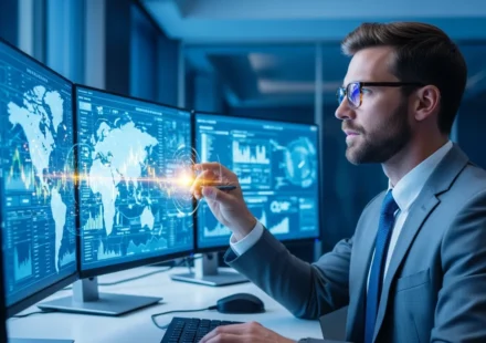 A banker implementing real-time payment network fraud prevention FedNow security measures in a modern control room.