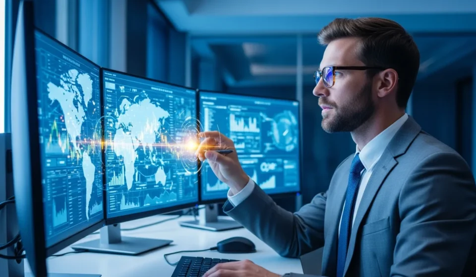 A banker implementing real-time payment network fraud prevention FedNow security measures in a modern control room.