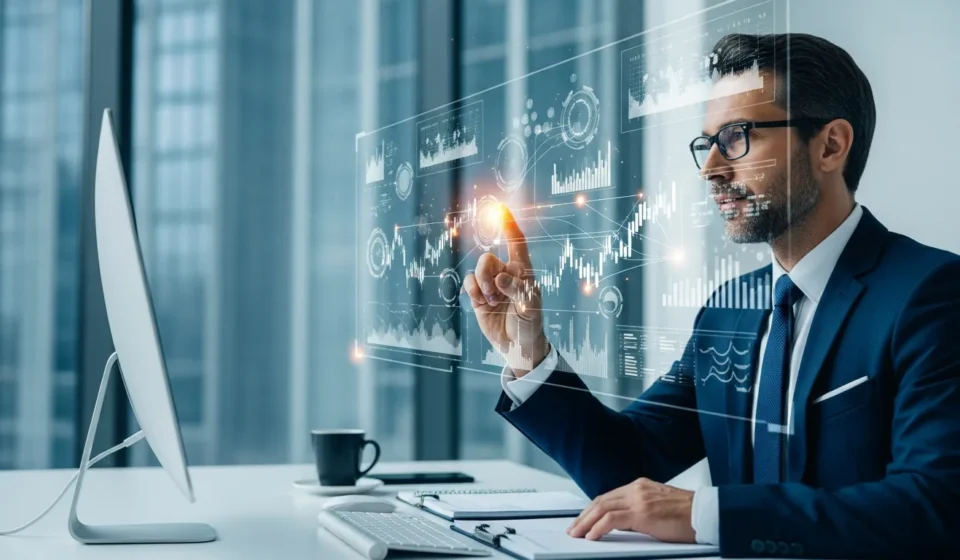 Regtech AML false positive reduction AI software interface highlighting financial transaction data on a digital monitor.