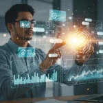 A professional analyzing RegTech explainable AI credit compliance data on a digital dashboard in a corporate setting.