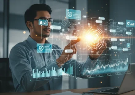 A professional analyzing RegTech explainable AI credit compliance data on a digital dashboard in a corporate setting.