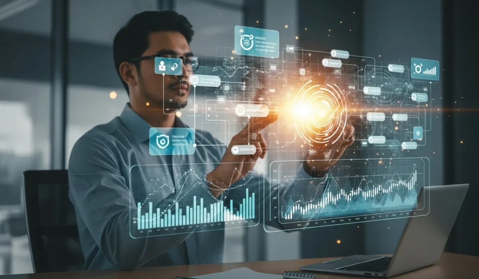 A professional analyzing RegTech explainable AI credit compliance data on a digital dashboard in a corporate setting.