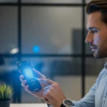 Secure RegTech KYC eKYC digital onboarding automation being performed by a user on a high-tech mobile interface.