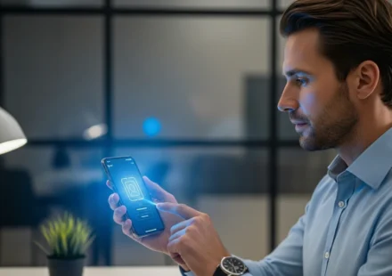 Secure RegTech KYC eKYC digital onboarding automation being performed by a user on a high-tech mobile interface.