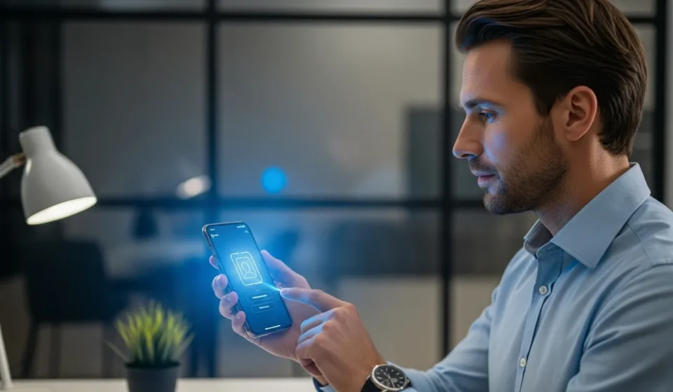 Secure RegTech KYC eKYC digital onboarding automation being performed by a user on a high-tech mobile interface.