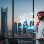 A professional businessman reviewing saudi fintech updates on a sleek digital interface in a modern Riyadh office.