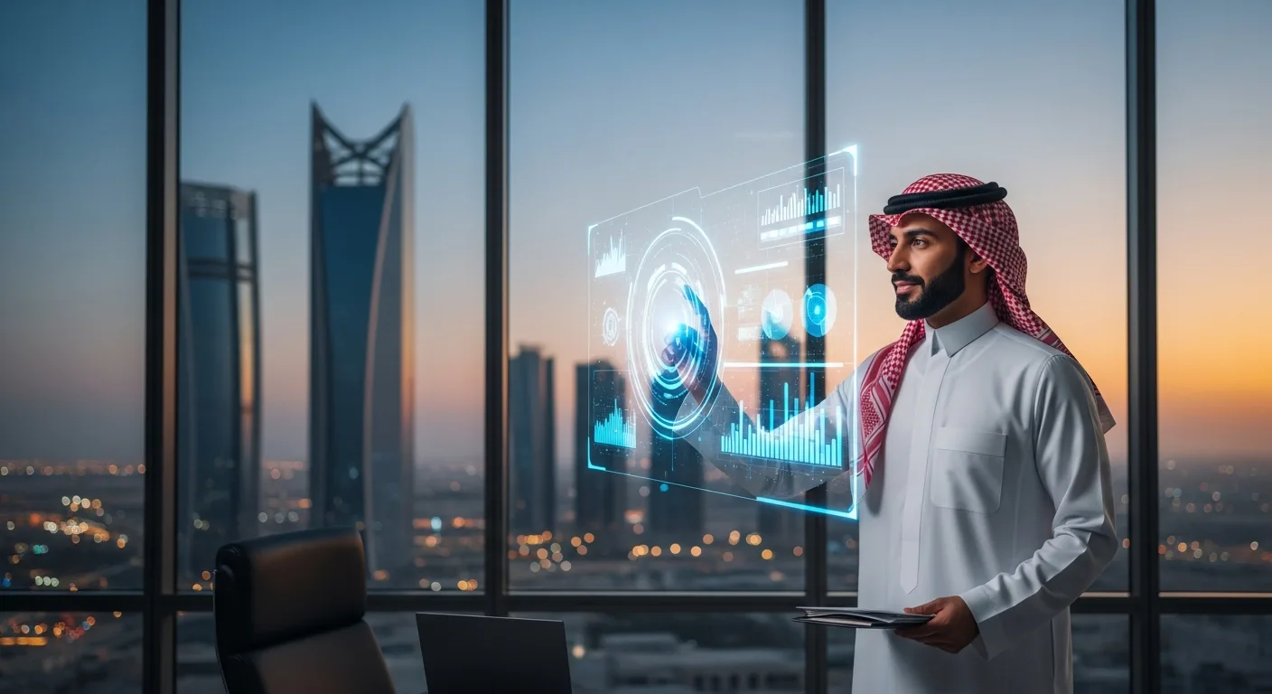A professional businessman reviewing saudi fintech updates on a sleek digital interface in a modern Riyadh office.