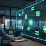 A professional reviewing smart contract audit compliance automation on a high-tech Web3 security dashboard.