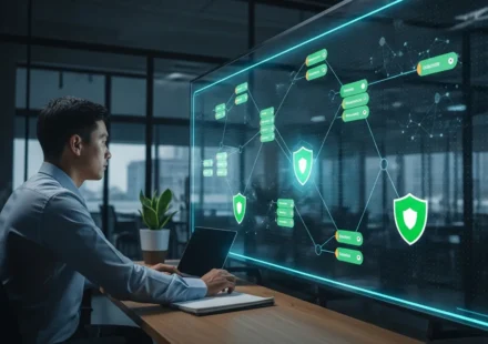 How is Smart Contract Audit Compliance Automation Changing Web3 Security? A professional reviewing smart contract audit compliance automation on a high-tech Web3 security dashboard.