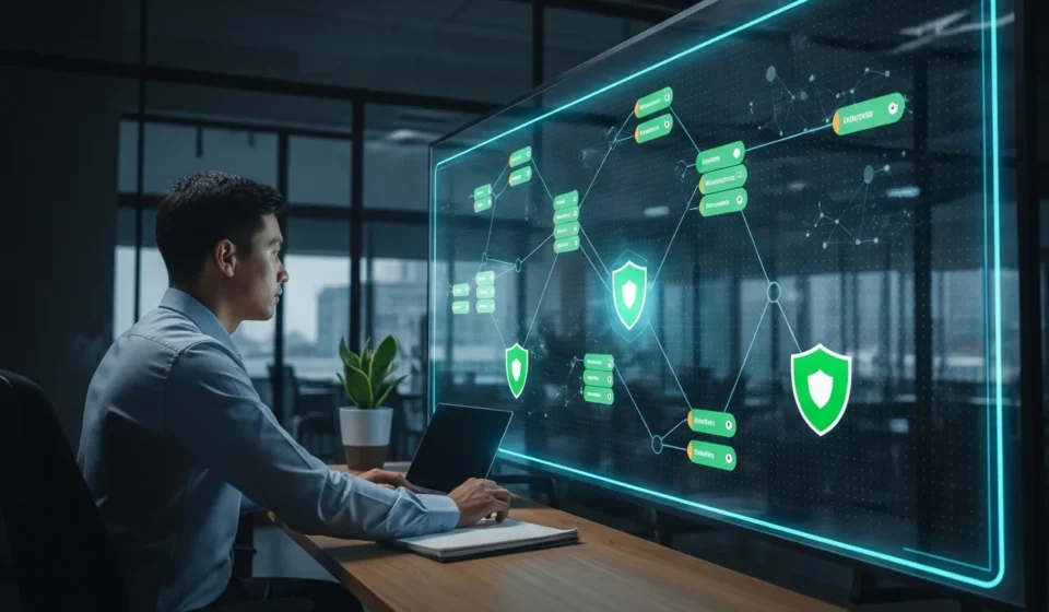 A professional reviewing smart contract audit compliance automation on a high-tech Web3 security dashboard.