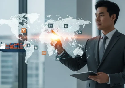 A digital interface showcasing smart contract automation in trade finance for global logistics and secure transactions.