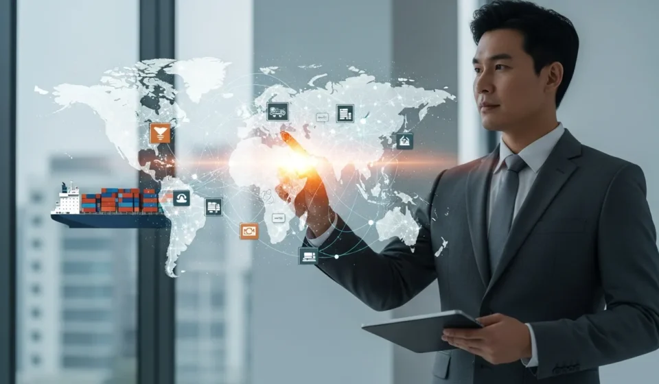 A digital interface showcasing smart contract automation in trade finance for global logistics and secure transactions.