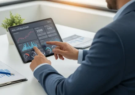 Modern financial interface displaying SME cash flow lending alternative data AI analysis for a small business.