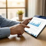 A man using SME embedded banking B2B super-app platforms on a tablet in a modern 2026 office setting.