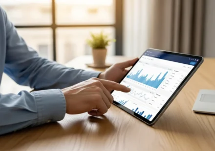 A man using SME embedded banking B2B super-app platforms on a tablet in a modern 2026 office setting.