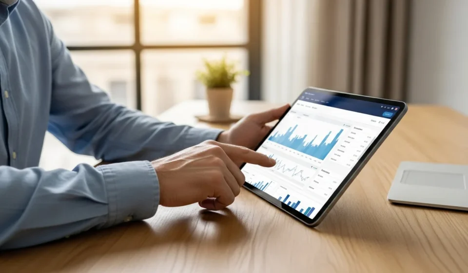 A man using SME embedded banking B2B super-app platforms on a tablet in a modern 2026 office setting.