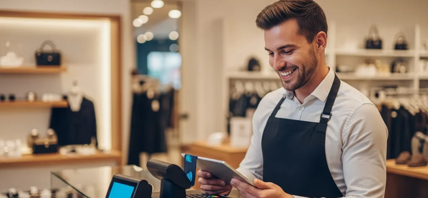 A modern retail checkout illustrating stablecoin dollar-backed merchant payment adoption.