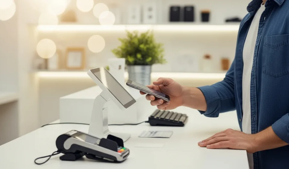 Visualizing stablecoin payment adoption merchant checkout 2026 at a modern retail point-of-sale terminal.