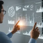 Synthetic data for fintech model training visualized on a sleek digital interface for financial analysis.