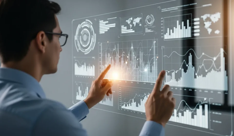 Synthetic data for fintech model training visualized on a sleek digital interface for financial analysis.