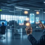 A professional man monitoring tokenized bond issuance blockchain platforms on a high-tech digital display.