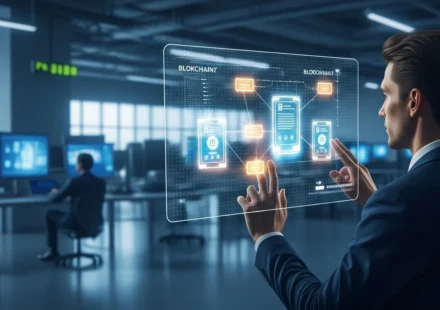 A professional man monitoring tokenized bond issuance blockchain platforms on a high-tech digital display.