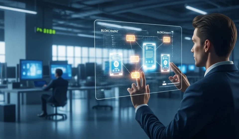 A professional man monitoring tokenized bond issuance blockchain platforms on a high-tech digital display.