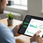 A man reviewing wealthtech ESG impact analytics dashboards on a high-tech tablet for portfolio transparency.