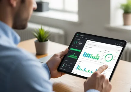 A man reviewing wealthtech ESG impact analytics dashboards on a high-tech tablet for portfolio transparency.