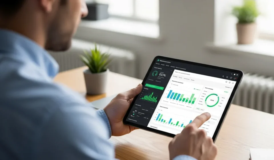 A man reviewing wealthtech ESG impact analytics dashboards on a high-tech tablet for portfolio transparency.